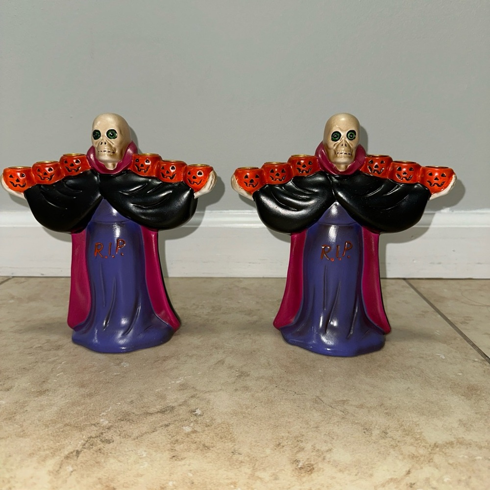 2 Russ Berrie Pumpkin Skeleton Head Candleabra Decoration Vintage 70’s Halloween